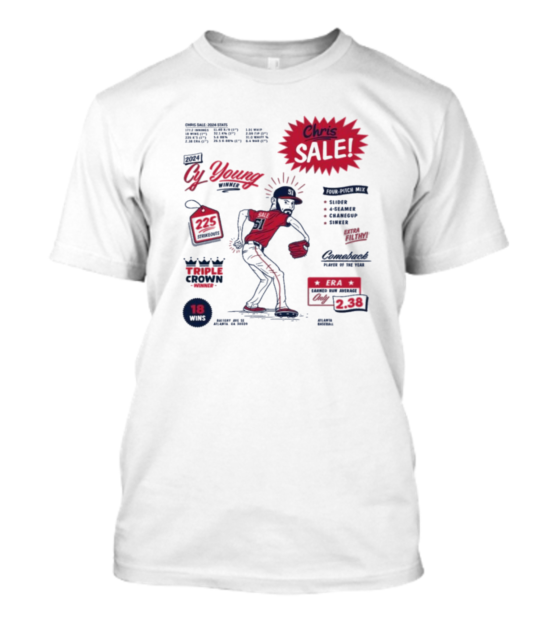 Chris Sale 2024 Cy Young Winner Triple Crown 225 Strikeouts 2.38 ERA Comeback Player Four-Pitch Mix T-Shirt