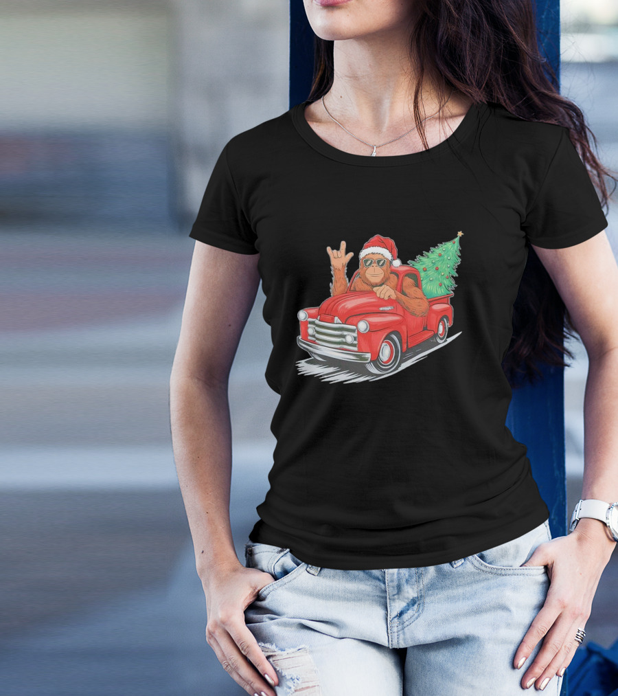 Bigfoot Rock On Santa Hat Christmas Tree Driving Red Truck T-Shirt