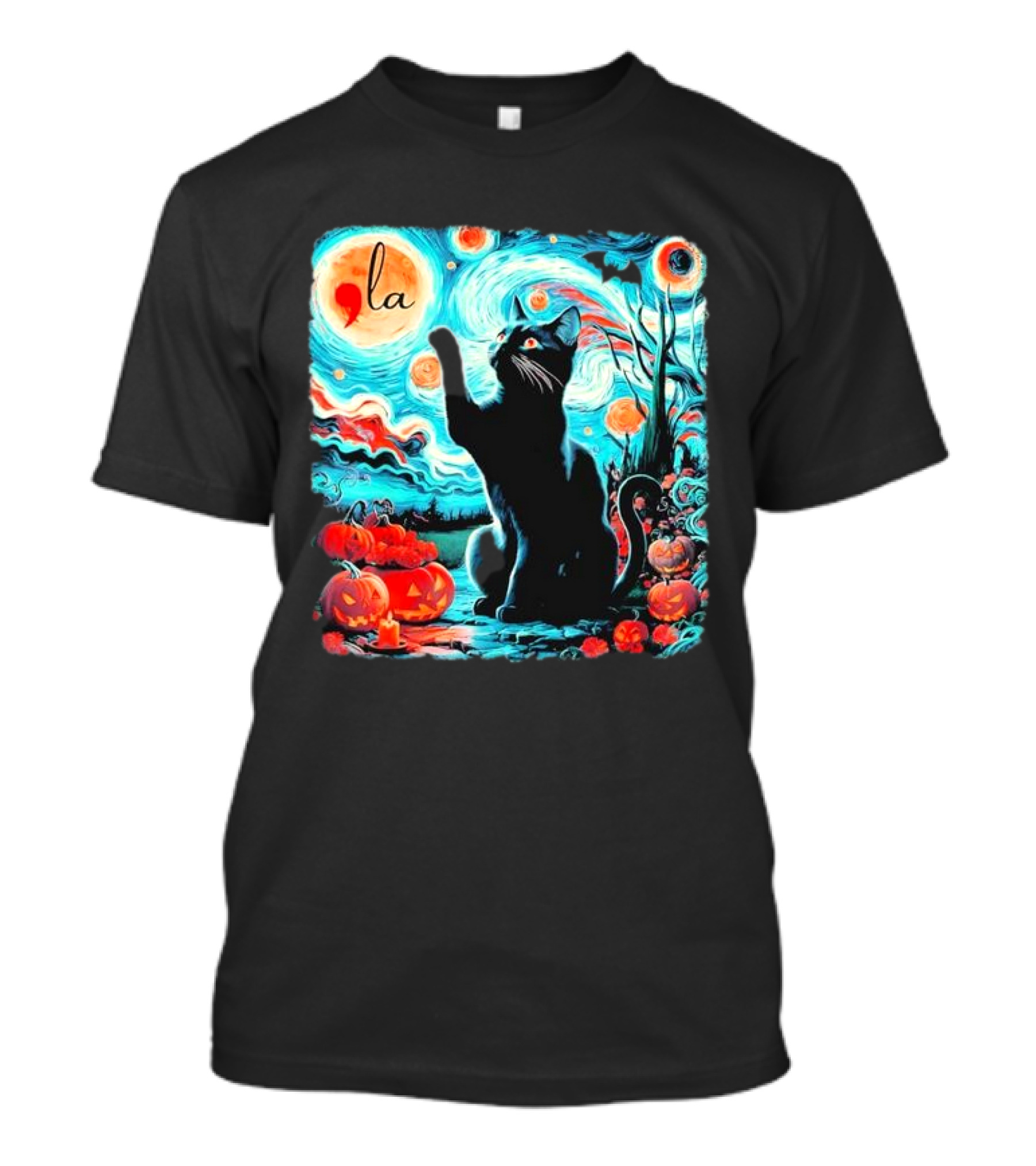 Black Cat La Kamala Harris Halloween Starry Night Pumpkin Scene T-Shirt