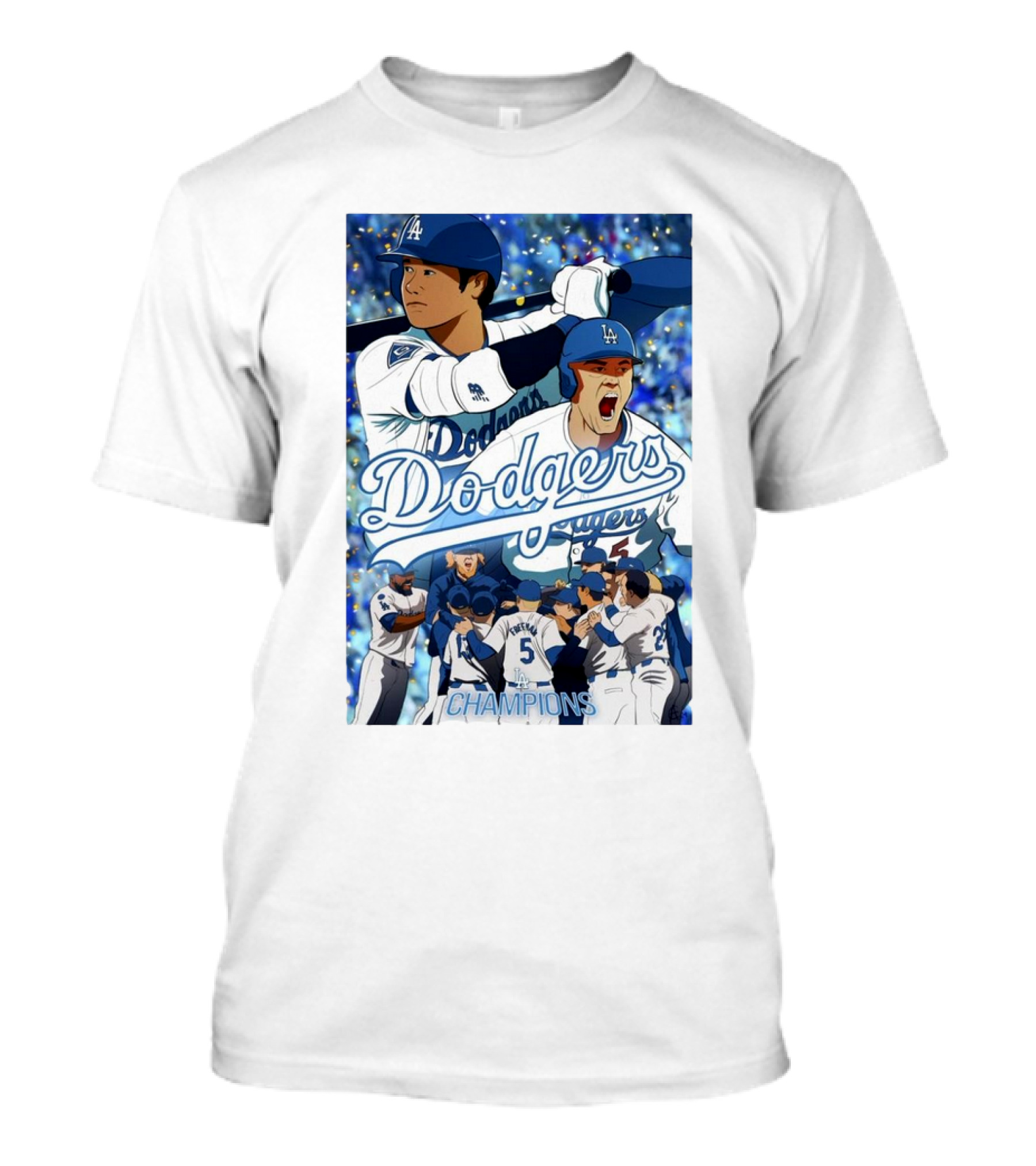 LA Dodgers World Series Champions Celebration Art Featuring Dodgers Players And Champions Text T-Shirt