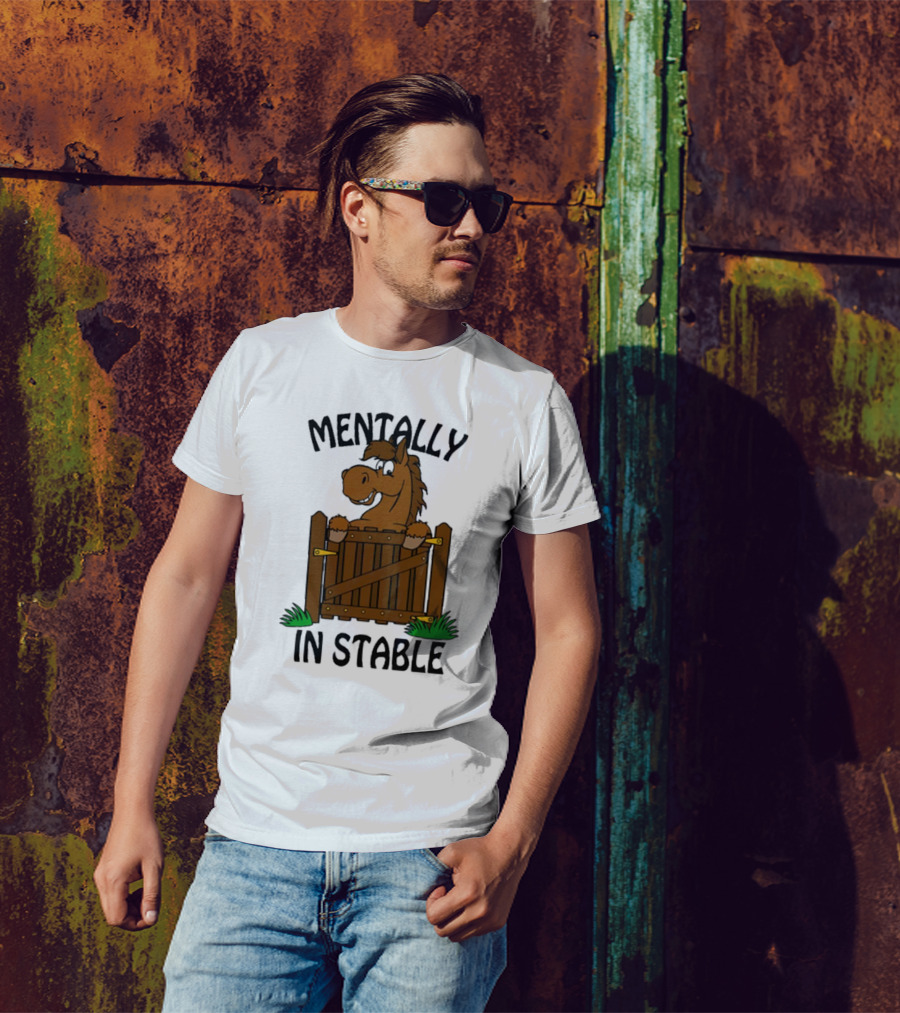 Mentally In Stable Cartoon Horse Gate Humorous T-Shirt