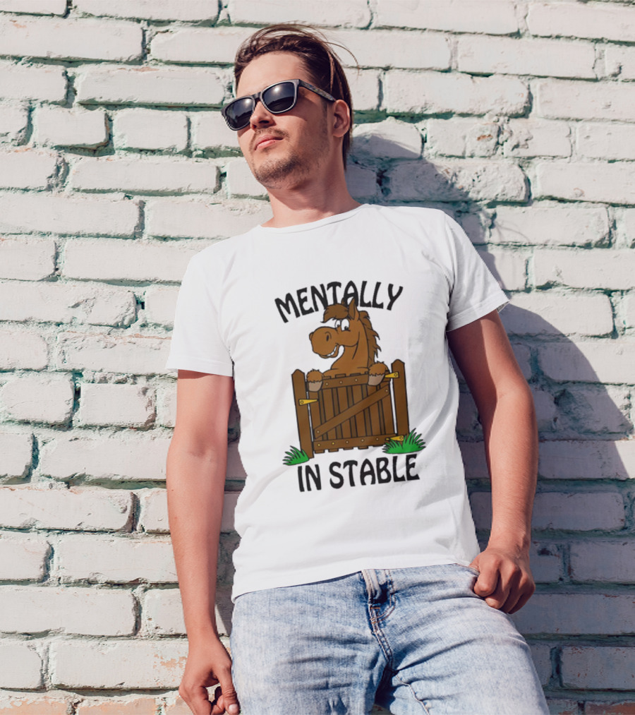 Mentally In Stable Cartoon Horse Gate Humorous T-Shirt