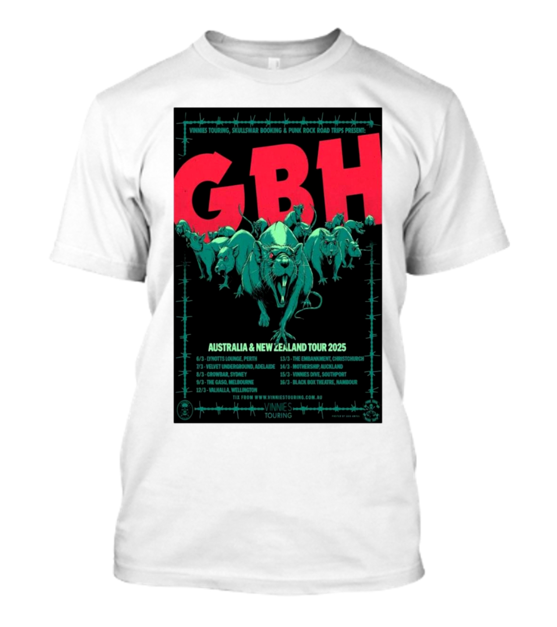 GBH Australia And New Zealand Tour 2025 Vinnies Touring Skullswar Booking Punk Rock Road Trips T-Shirt