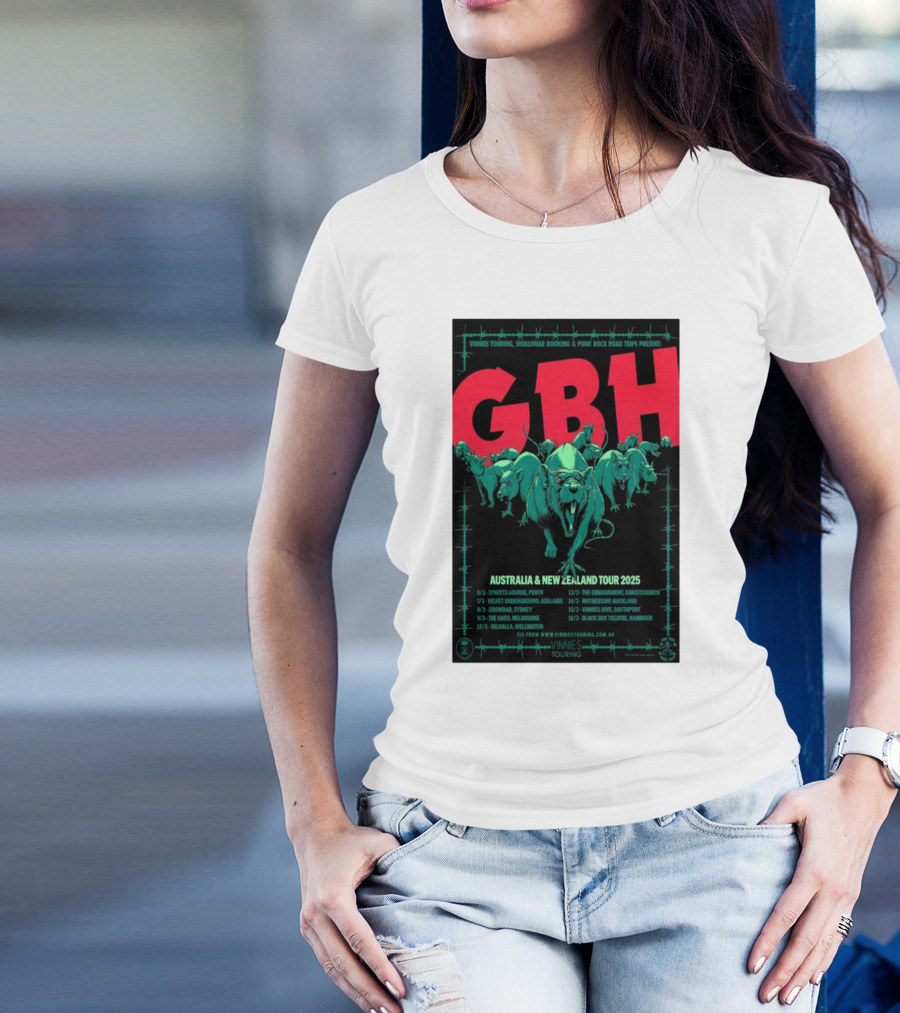 GBH Australia And New Zealand Tour 2025 Vinnies Touring Skullswar Booking Punk Rock Road Trips T-Shirt