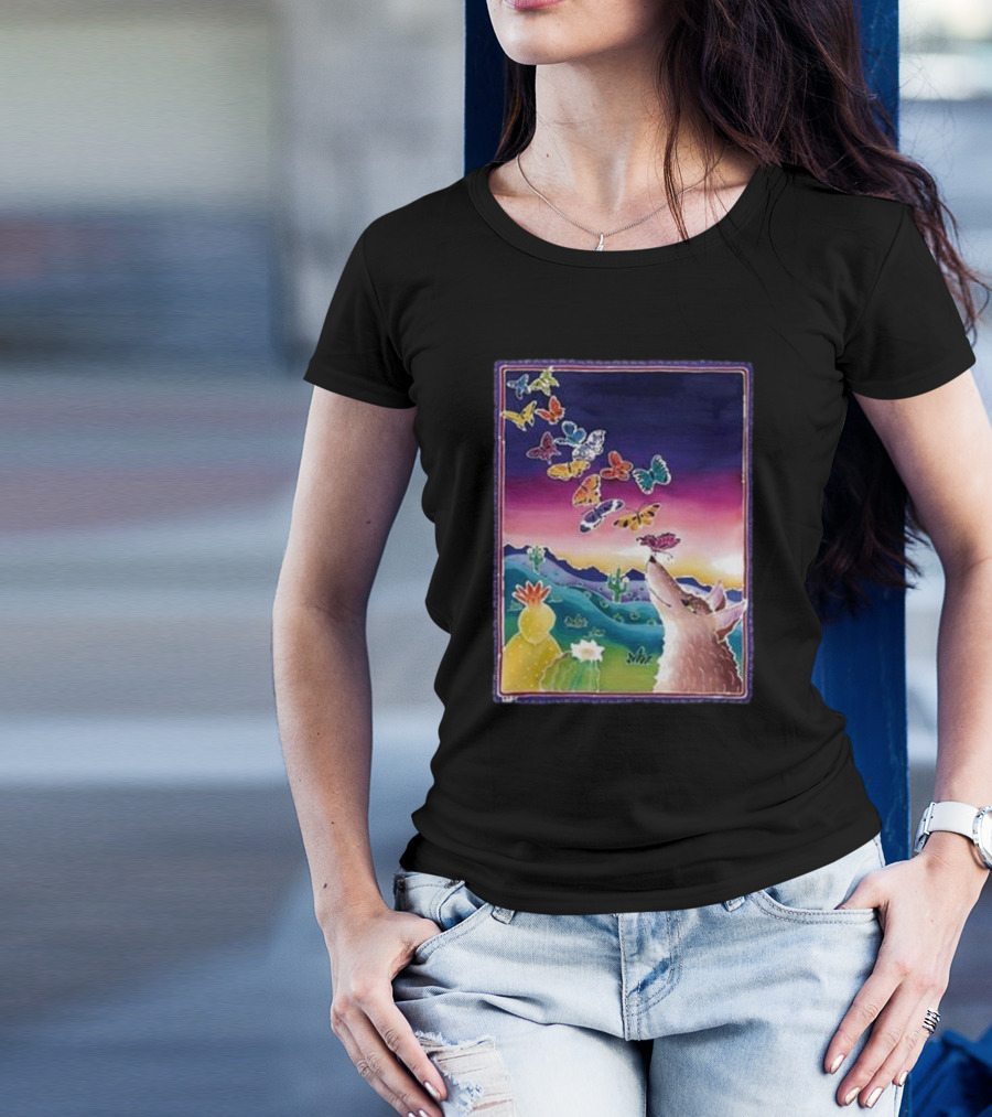 Jimmorris Smiles At Nature’s Wonders Colorful Desert Landscape With Coyote And Butterflies T-Shirt