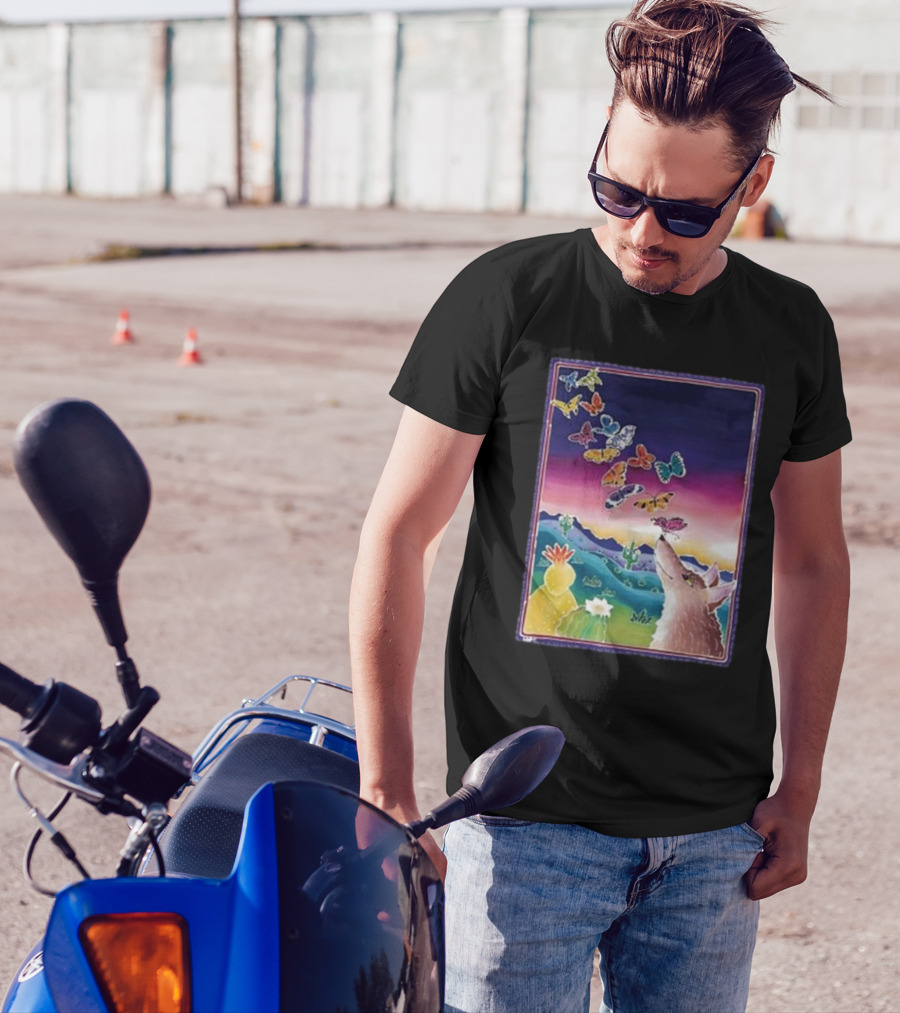 Jimmorris Smiles At Nature’s Wonders Colorful Desert Landscape With Coyote And Butterflies T-Shirt