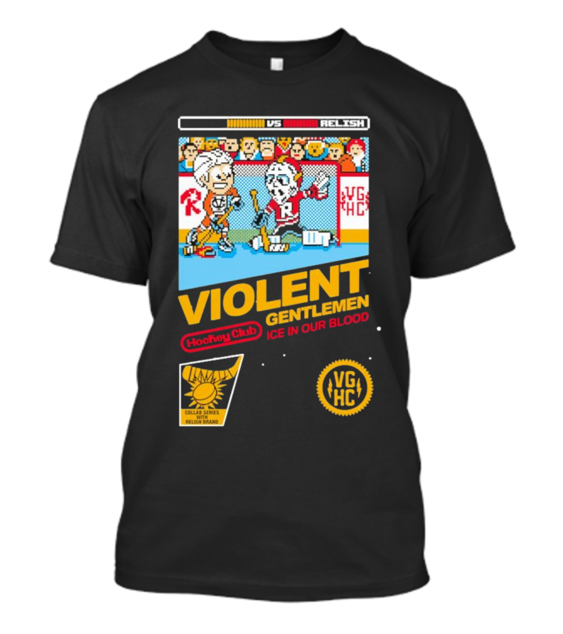 Violent Gentlemen Hockey Club 8-Bit Ice In Our Blood Vs Relish VG HC Collar And Elbow Relish Brand T-Shirt
