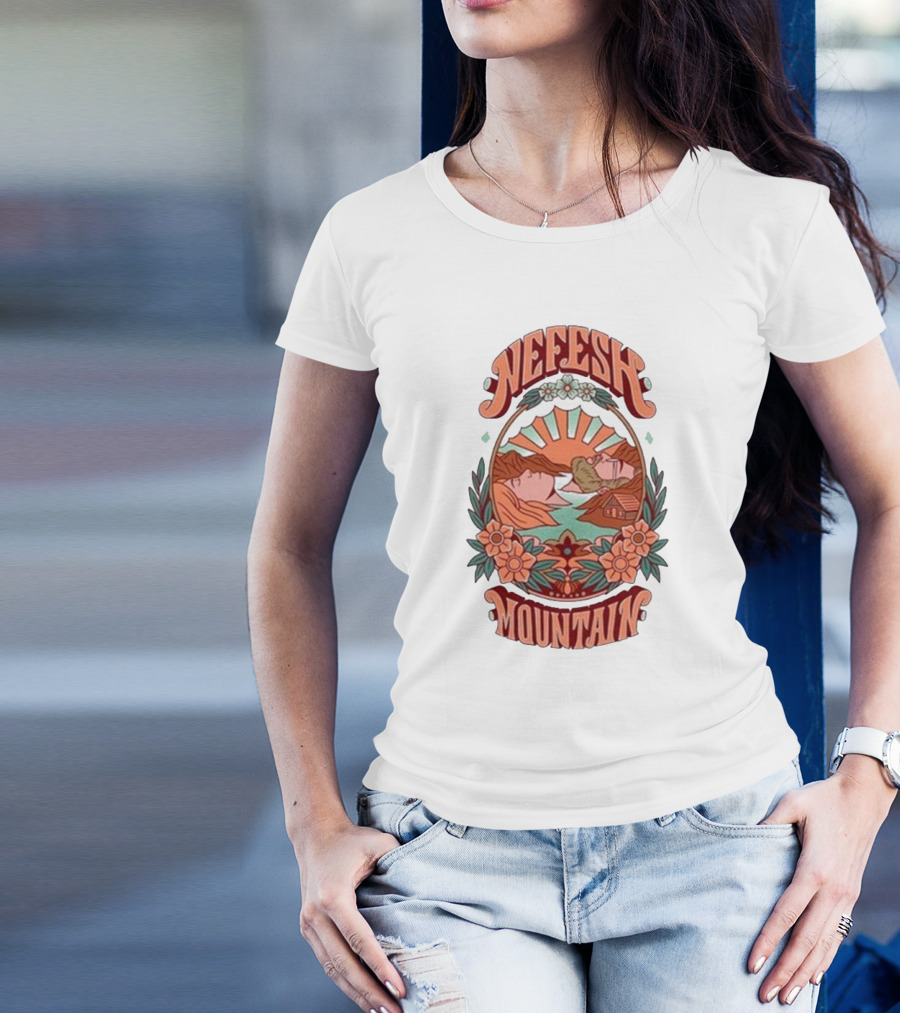 Nefesh Mountain Sunrise Scene With Cabin And Flowers T-Shirt