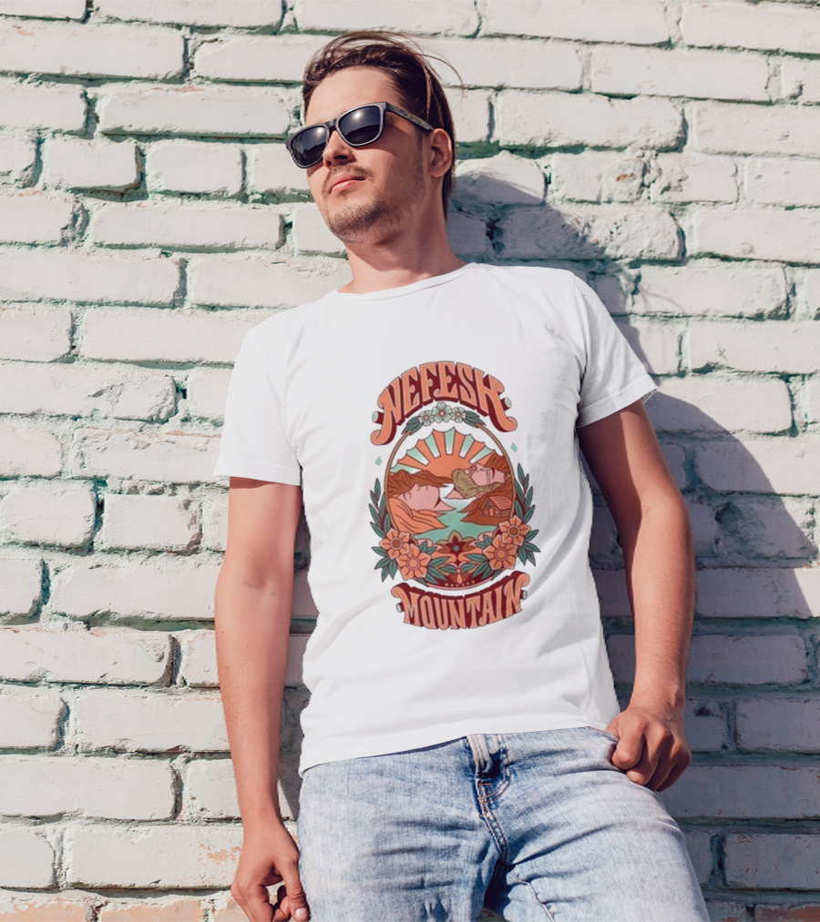 Nefesh Mountain Sunrise Scene With Cabin And Flowers T-Shirt