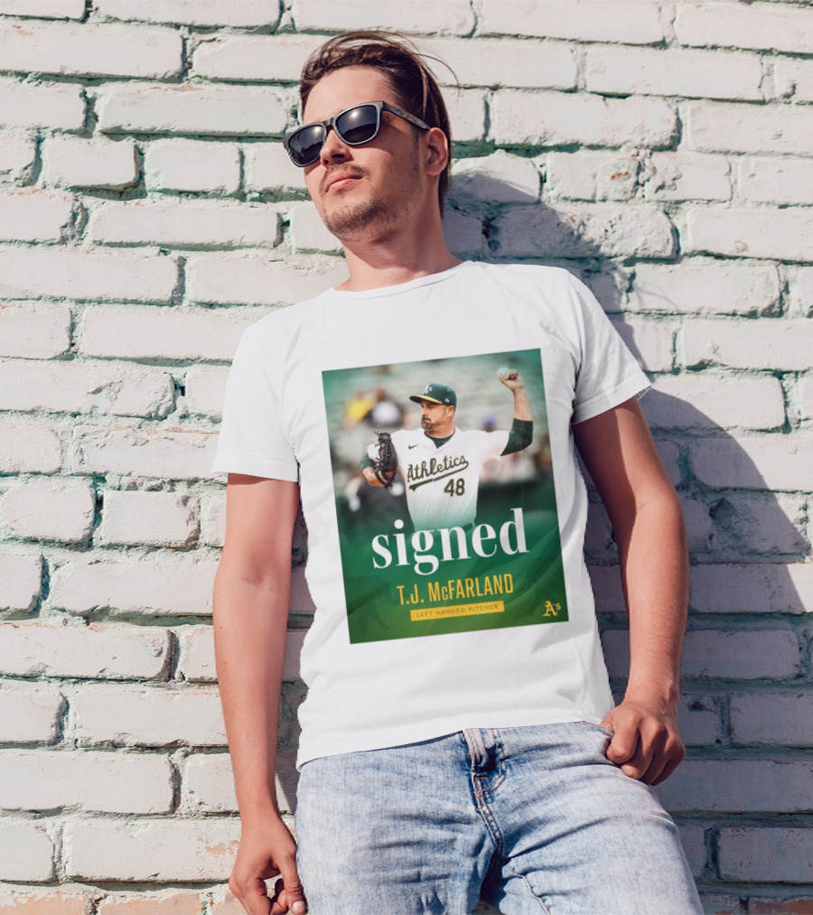 Signed T.J. McFarland Athletic A's Left-Handed Pitcher T-Shirt