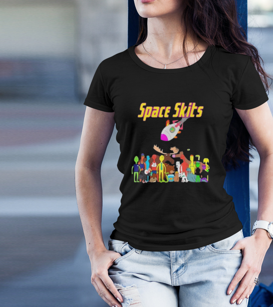 Space Skits 2024 By Cliff Benfield With Cartoon Characters And Spaceship T-Shirt