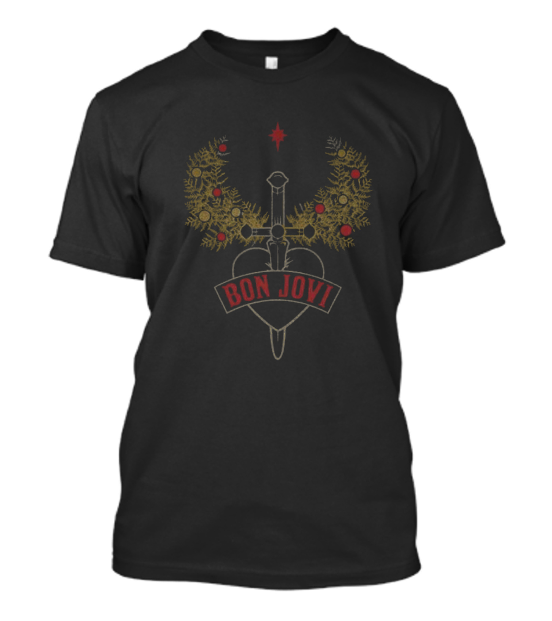 Bon Jovi Heart And Dagger Holiday Wreath With Red Star And Foliage T-Shirt