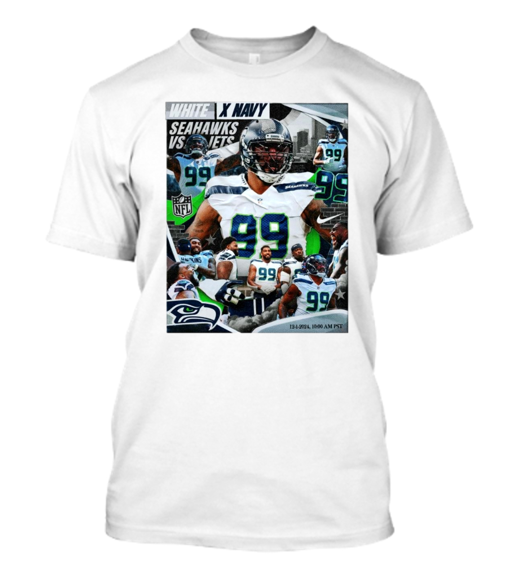 White X Navy Seattle Seahawks Vs Jets NFL 12-1-2024 10:00 AM PST T-Shirt