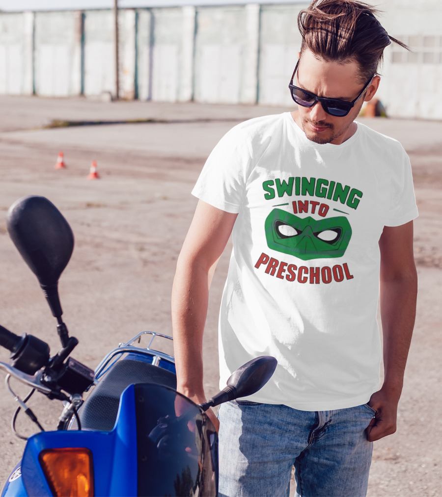 Swinging Into Preschool Green Superhero Mask T-Shirt