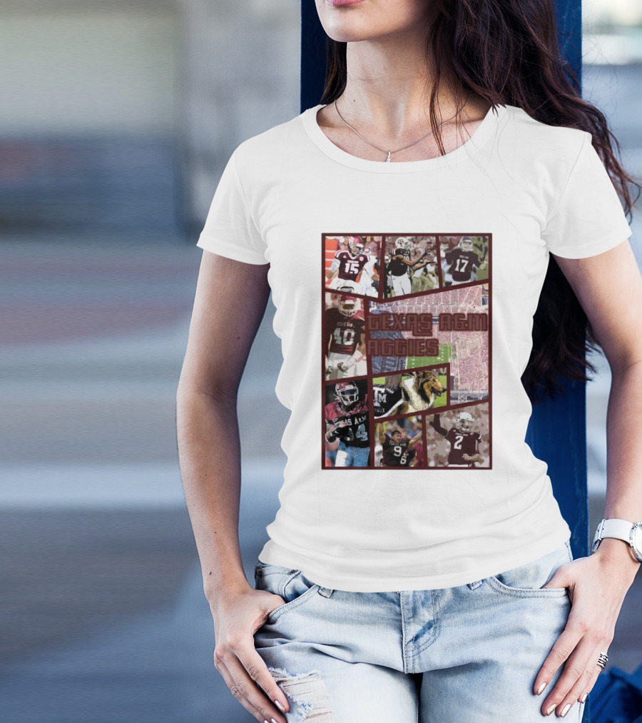 Texas A&M Aggies Football Collage Featuring Players And Mascot T-Shirt