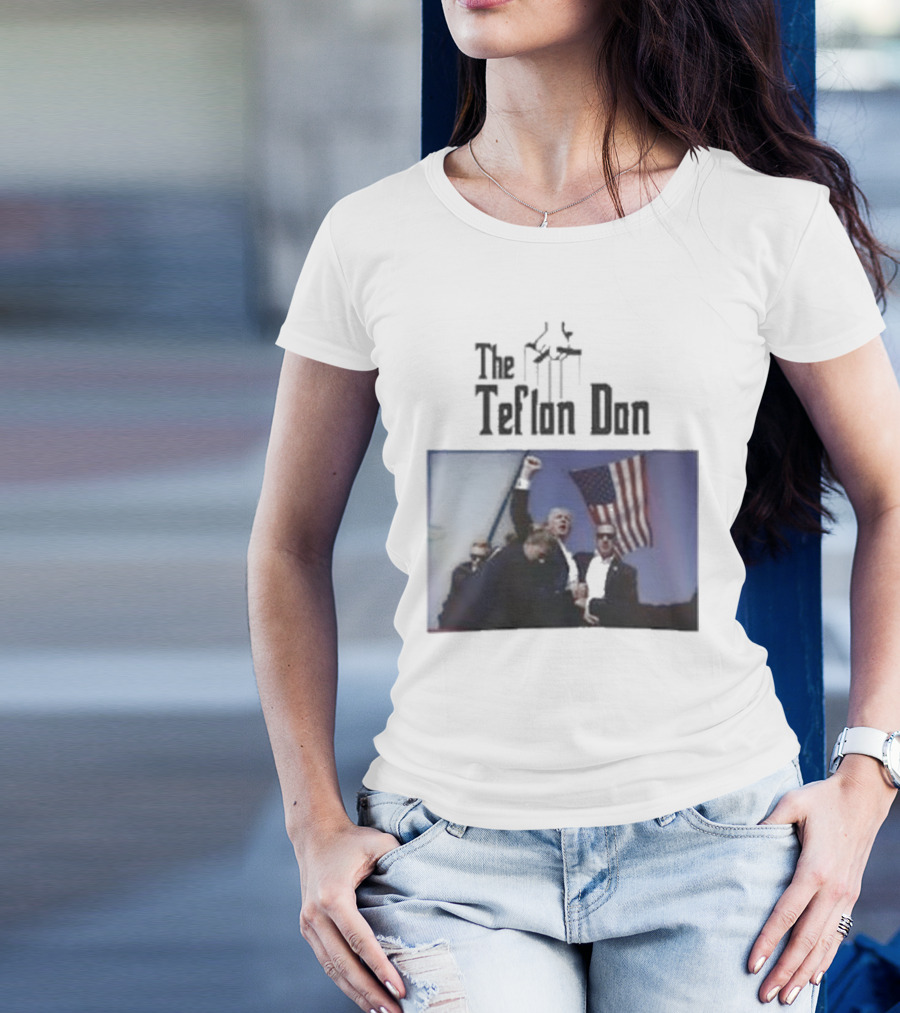 The Teflon Don Rally With Donald Trump And American Flag Iconic Scene T-Shirt