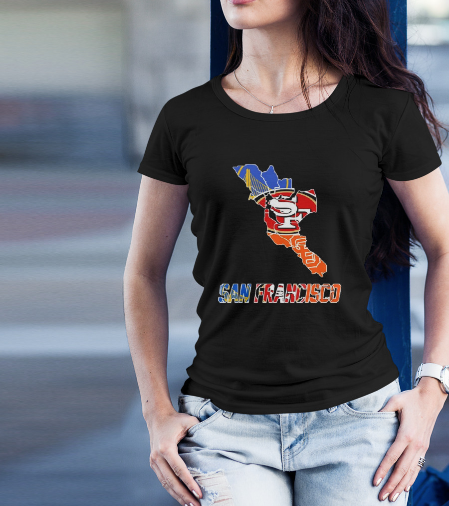 San Francisco Bay Bridge And Sports Teams Logos Map T-Shirt