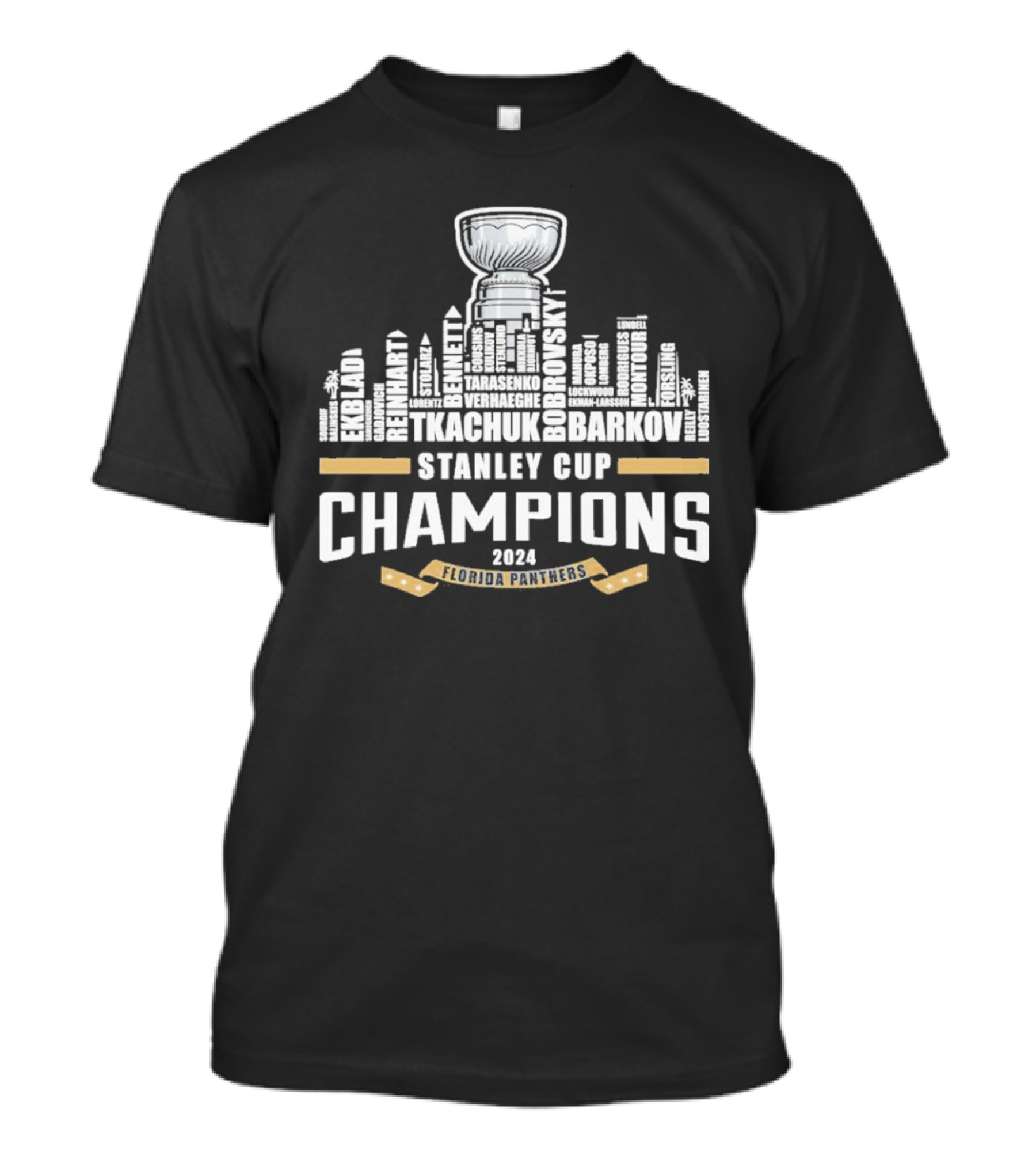 Stanley Cup 2024 Champions Florida Panthers Tkachuk Bobrovsky Ekblad Reinhart Bennett Verhaeghe Montour Players Name Skyline T-Shirt