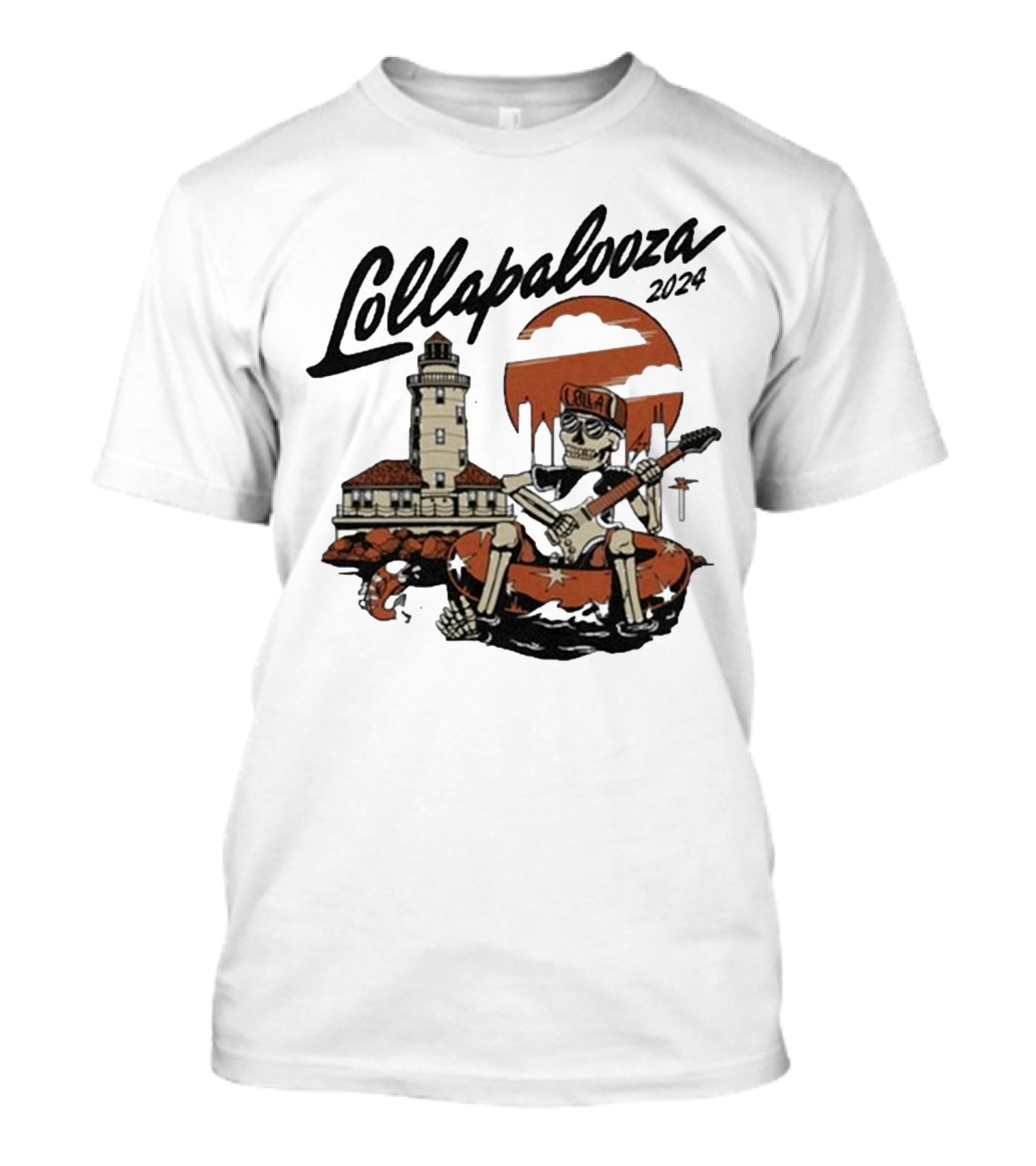 Lollapalooza 2024 Grant Park Chicago IL Skeleton Guitar Sun Lighthouse T-Shirt