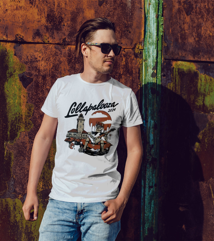 Lollapalooza 2024 Grant Park Chicago IL Skeleton Guitar Sun Lighthouse T-Shirt