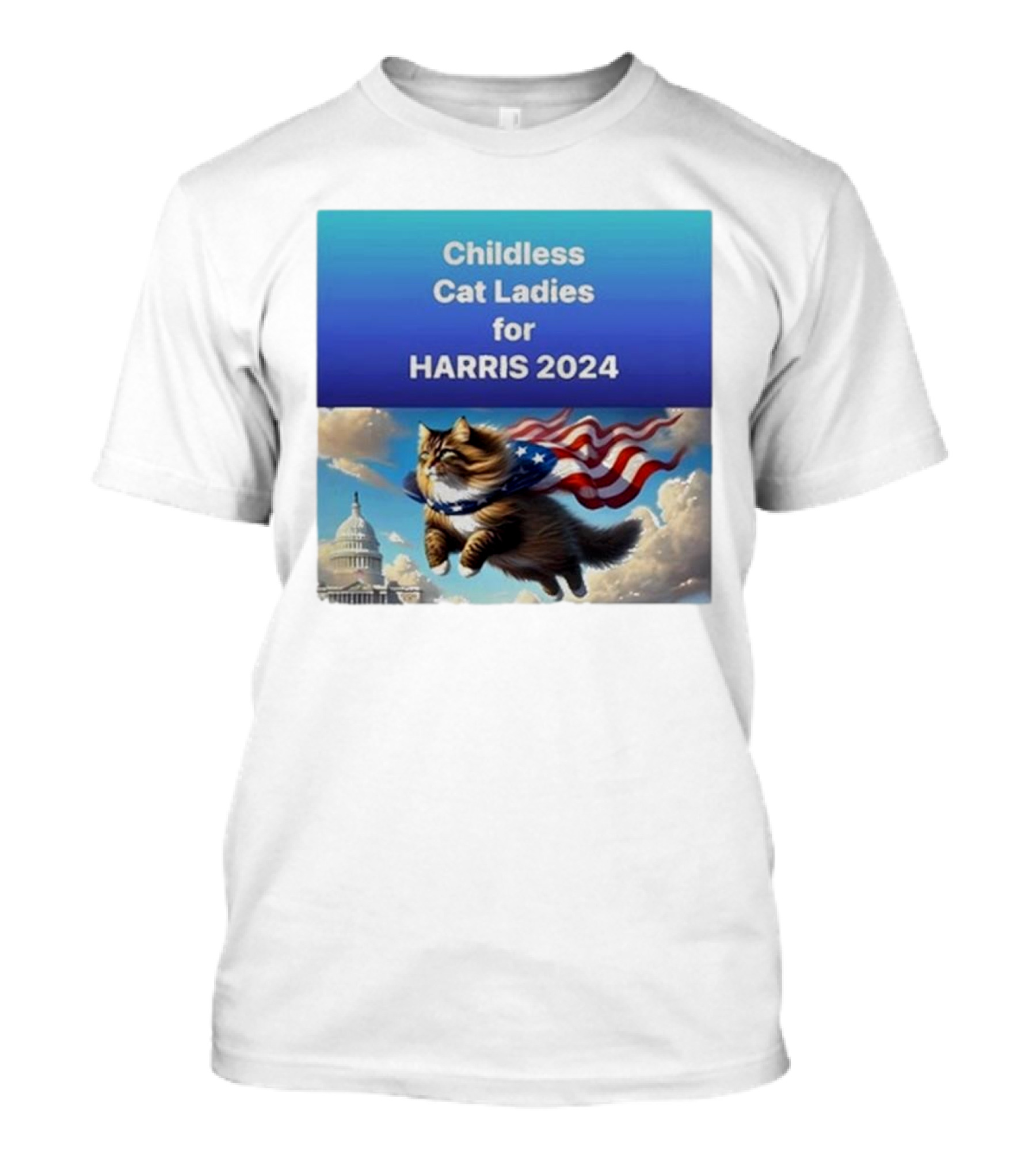 Childless Cat Ladies For Harris 2024 Lorenzo The Cat With American Flag Capitol Building T-Shirt