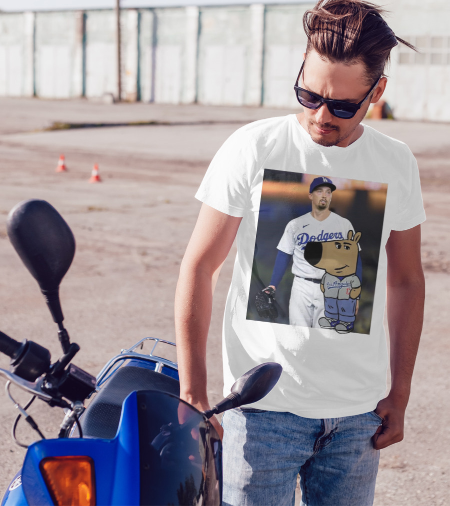 Blake Snell Los Angeles Dodgers Just A Chill Guy Enjoying Dodgers Jersey With Cartoon Character T-Shirt