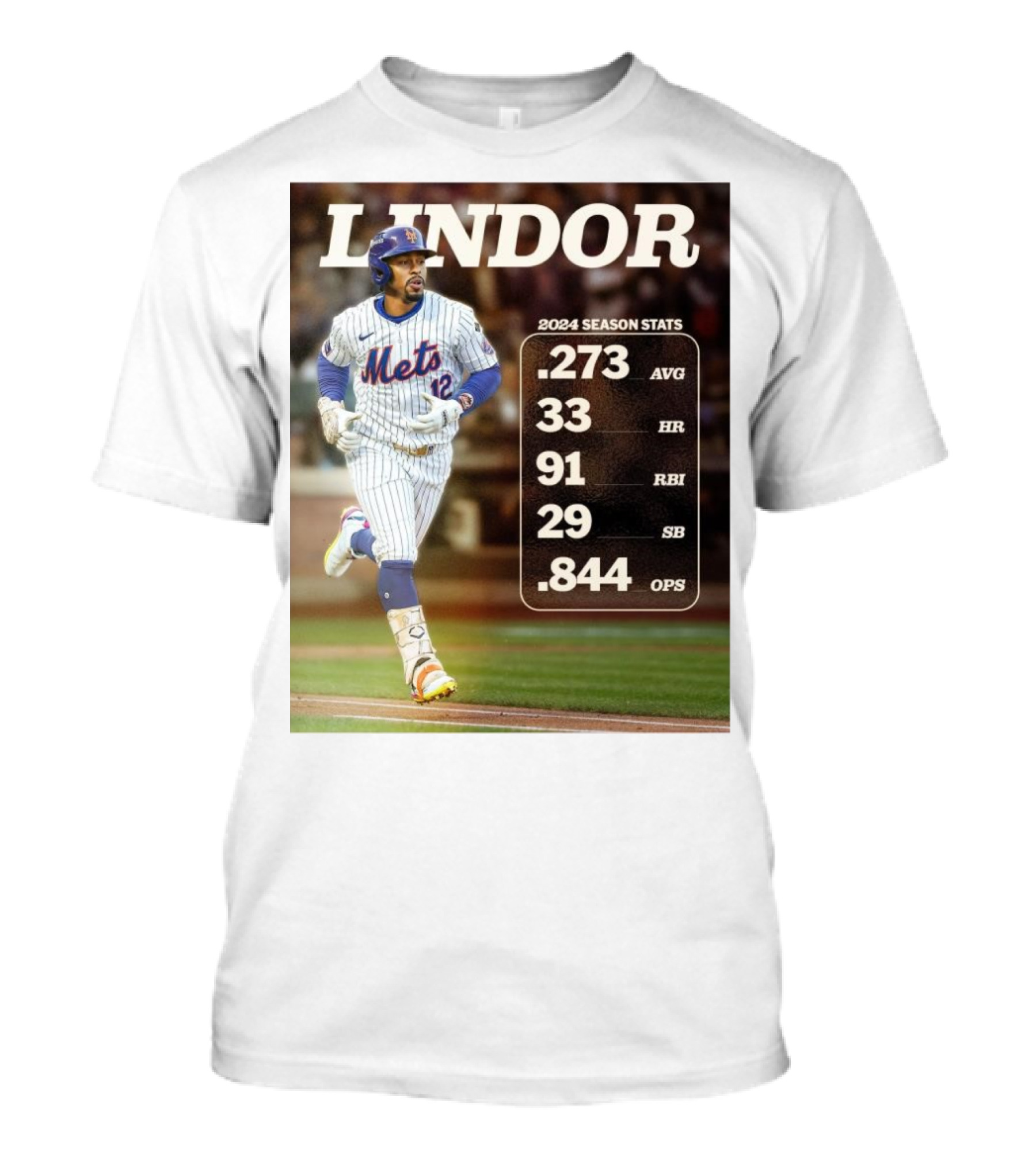 Francisco Lindor New York Mets 2024 Season Stats .273 AVG 33 HR 91 RBI 29 SB .844 OPS T-Shirt