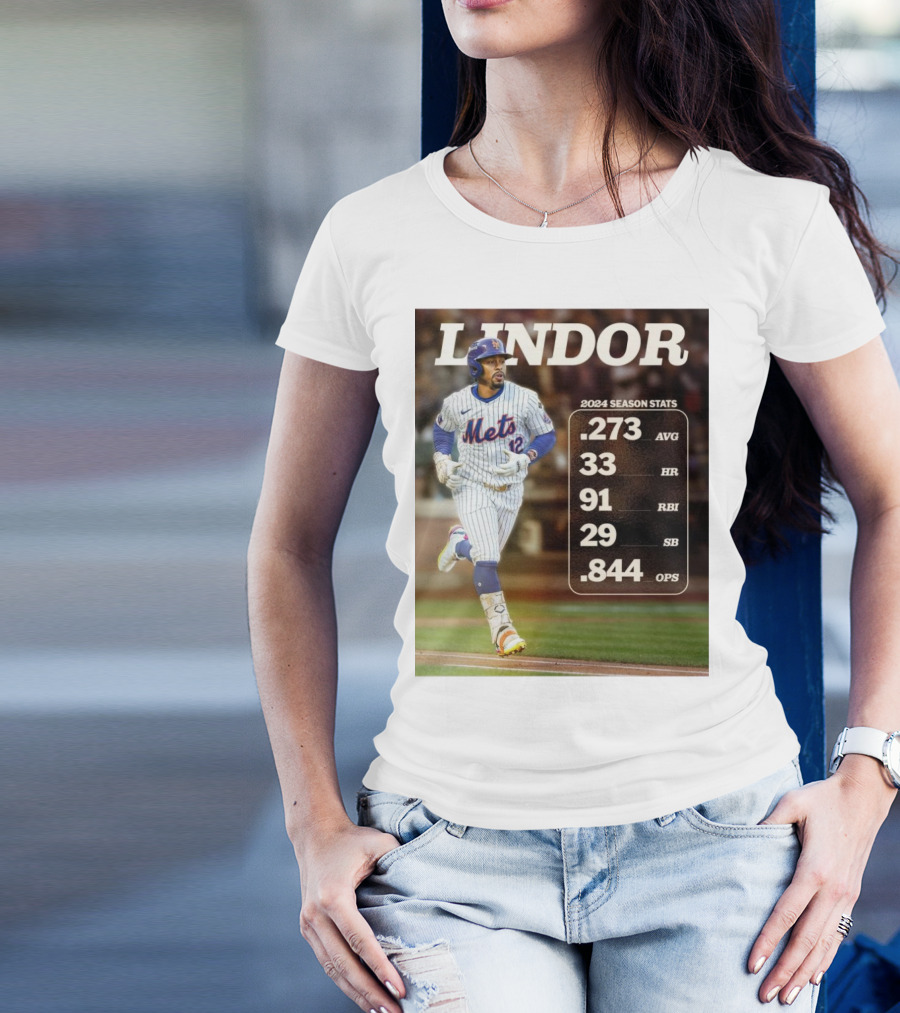 Francisco Lindor New York Mets 2024 Season Stats .273 AVG 33 HR 91 RBI 29 SB .844 OPS T-Shirt
