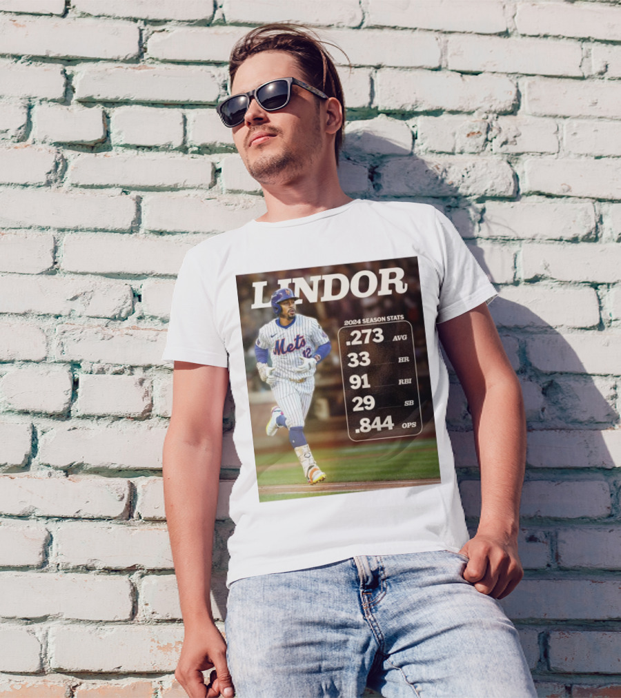 Francisco Lindor New York Mets 2024 Season Stats .273 AVG 33 HR 91 RBI 29 SB .844 OPS T-Shirt