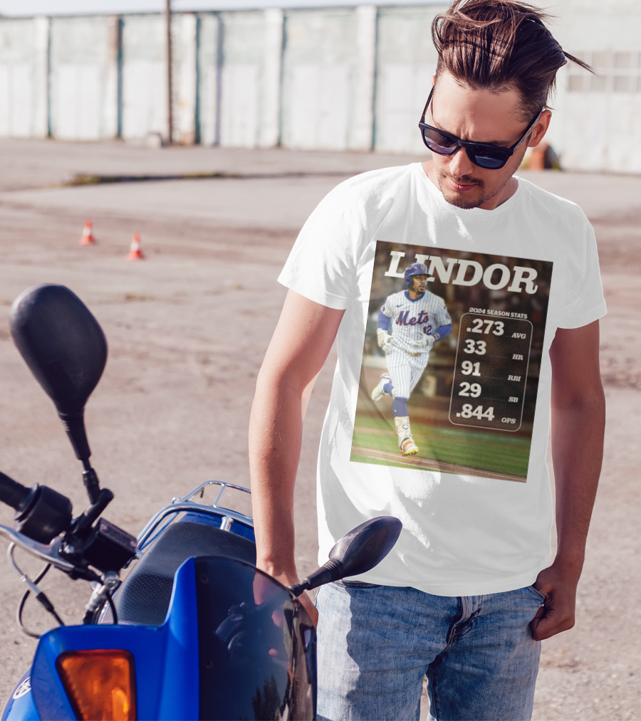Francisco Lindor New York Mets 2024 Season Stats .273 AVG 33 HR 91 RBI 29 SB .844 OPS T-Shirt