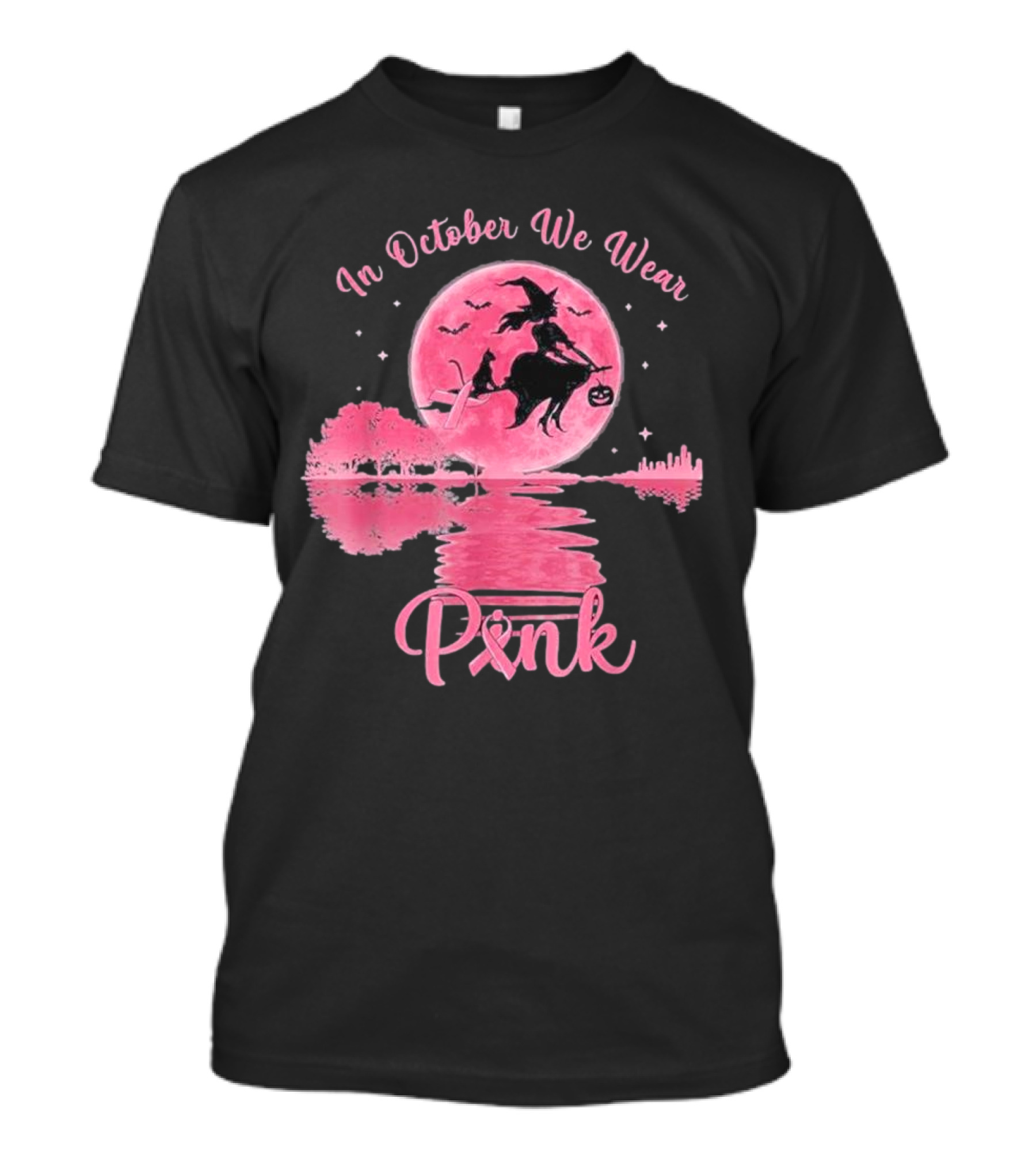 In October We Wear Pink Halloween Witch And Moon Reflection T-Shirt