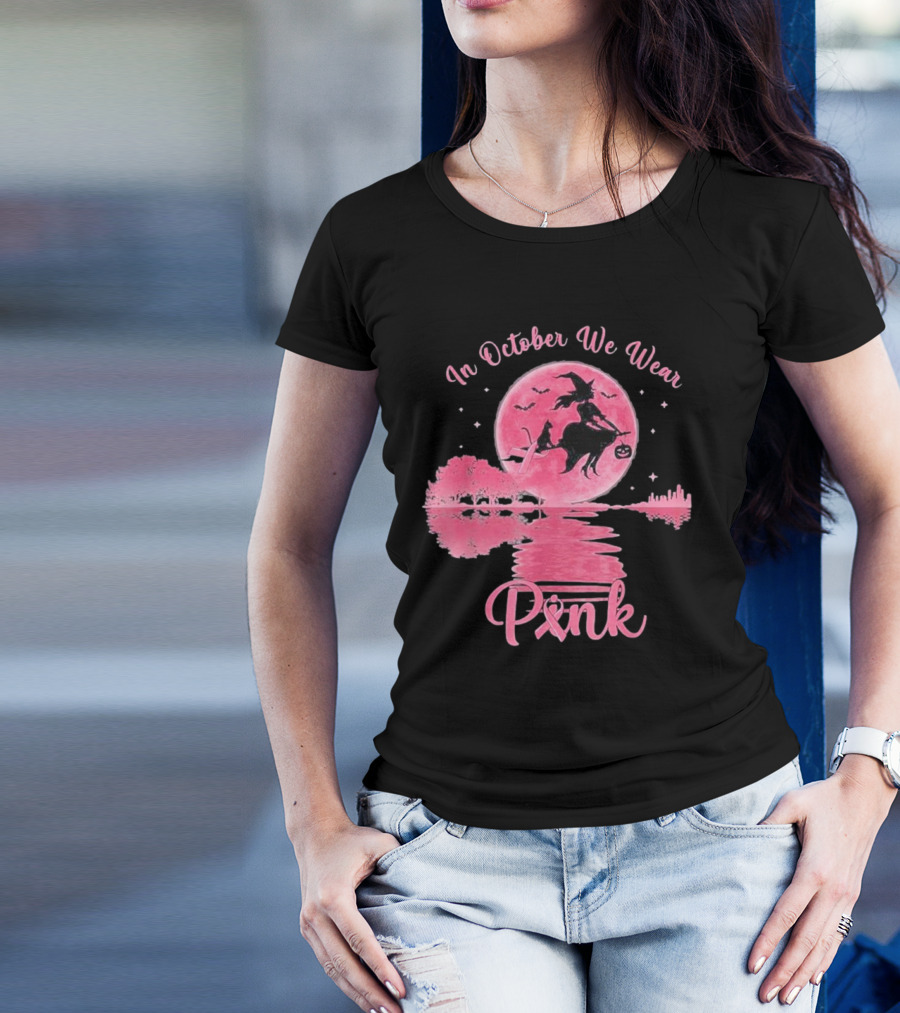 In October We Wear Pink Halloween Witch And Moon Reflection T-Shirt