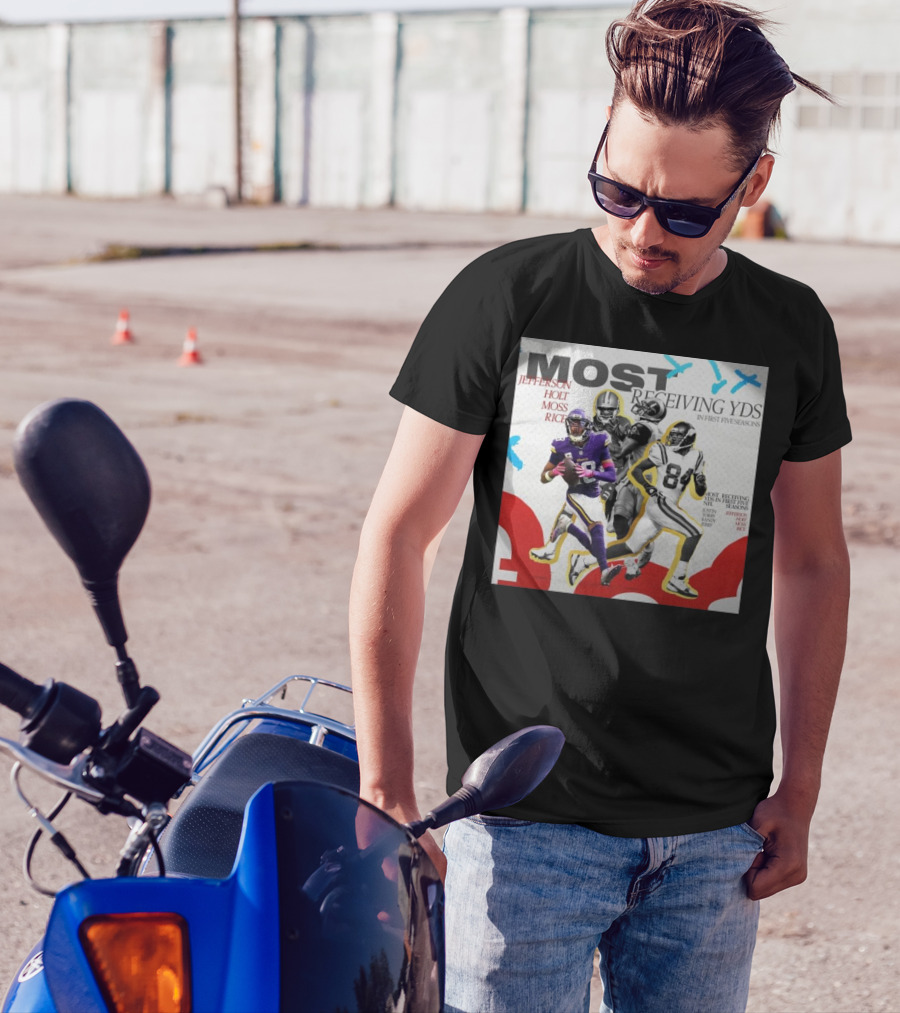 Justin Jefferson Most Receiving Yards In First Five Seasons Jefferson Holt Moss Rice Minnesota Vikings T-Shirt