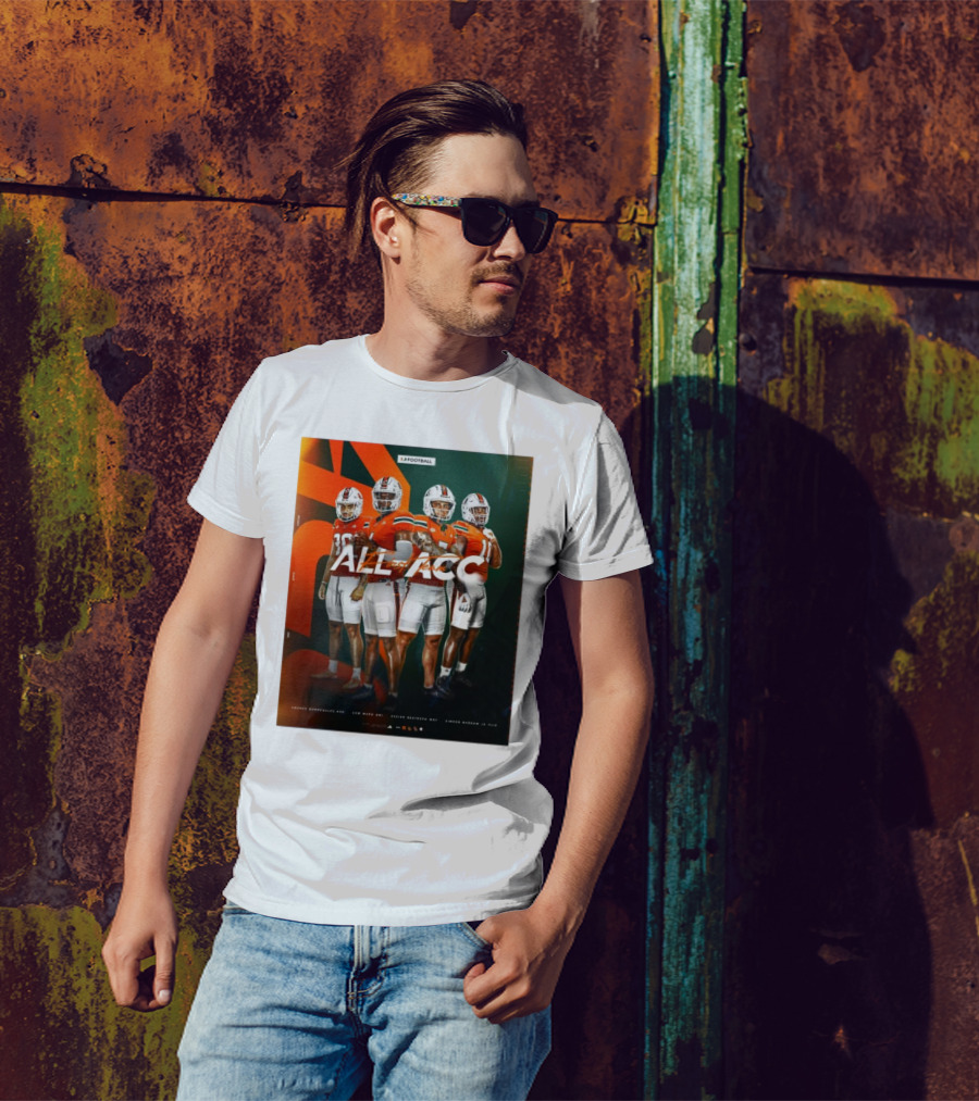 Miami Hurricanes Tyler Van Dyke, Kamren Kinchens, Xavier Restrepo, Simeon Harris All-ACC Football Honors T-Shirt