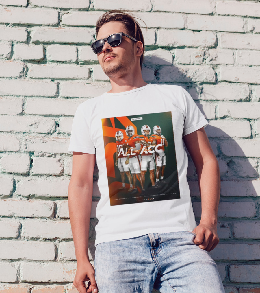 Miami Hurricanes Tyler Van Dyke, Kamren Kinchens, Xavier Restrepo, Simeon Harris All-ACC Football Honors T-Shirt