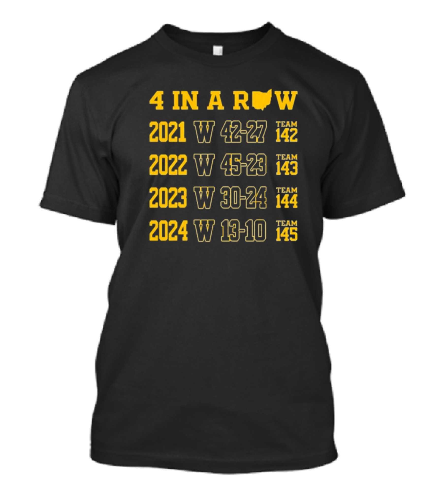4 In A Row 2021-2024 Michigan Wolverines W 42-27 W 45-23 W 30-24 W 13-10 Team 145 T-Shirt