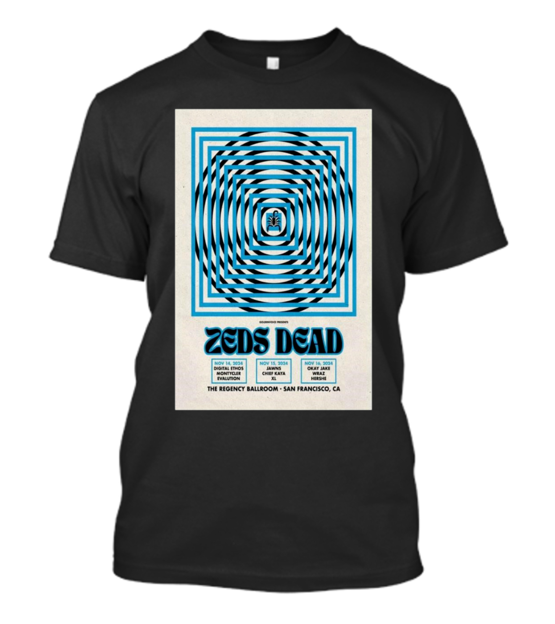 Zeds Dead San Francisco Regency Ballroom Nov 14-16 2024 Tour Poster Trippy Blue Optical Illusion T-Shirt
