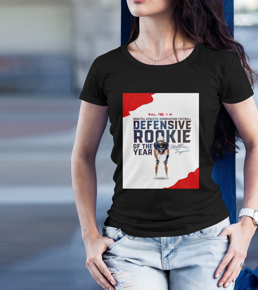 Coastal Athletic Association Football Defensive Rookie Of The Year Matthew Traynor Signature Richmond #2 Red Blue White Football Graphics T-Shirt