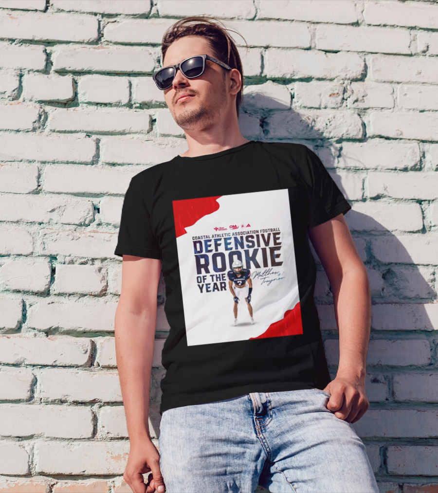 Coastal Athletic Association Football Defensive Rookie Of The Year Matthew Traynor Signature Richmond #2 Red Blue White Football Graphics T-Shirt