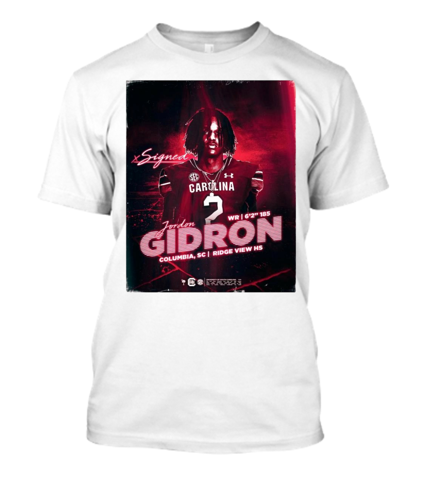 Signed Jordan Gidron South Carolina WR Columbia SC Ridge View HS T-Shirt