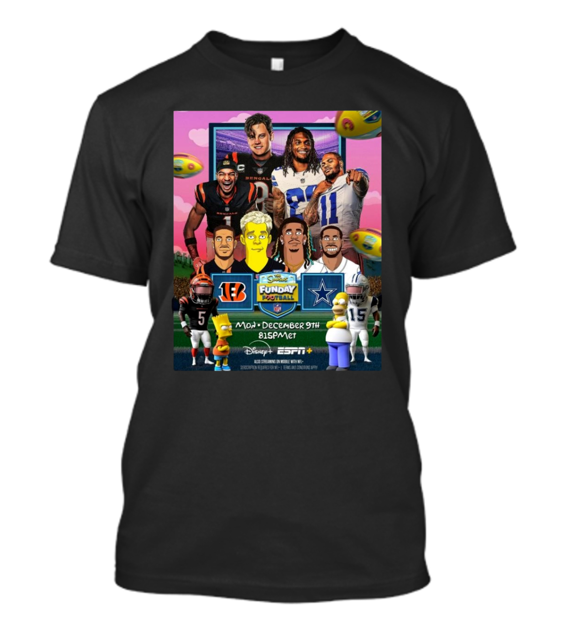 The Simpsons Funday Football NFL Cincinnati Bengals Vs Dallas Cowboys Monday Night December 9 2024 Disney ESPN T-Shirt