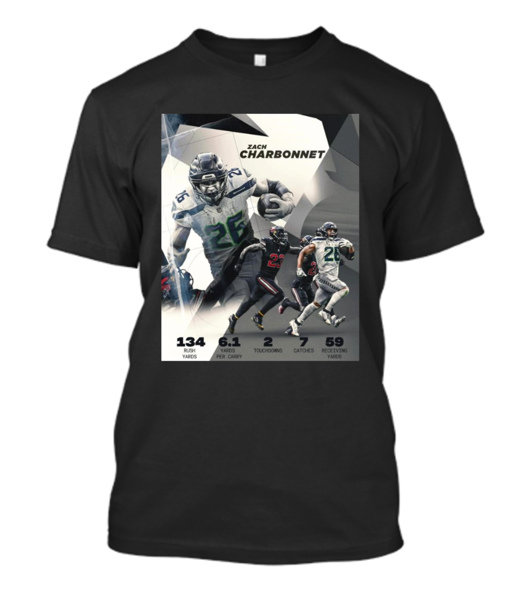 Seattle Seahawks Zach Charbonnet 134 Rush Yards 6.1 Yards Per Carry 2 Touchdowns 7 Catches 59 Receiving Yards T-Shirt