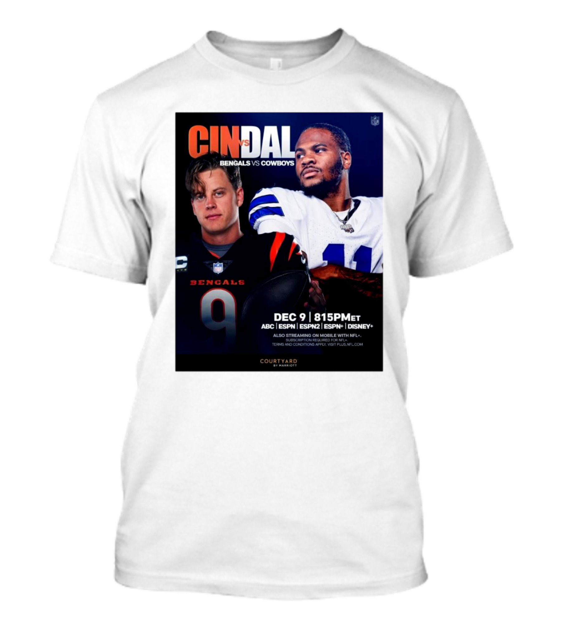 CIN Vs DAL Bengals Vs Cowboys December 9 2024 8:15 PM ET ABC ESPN ESPN2 ESPN+ Disney+ T-Shirt