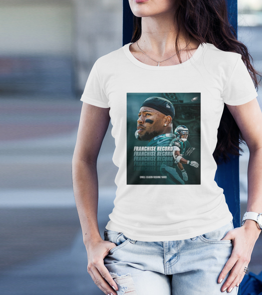 Philadelphia Eagles Franchise Record Single-Season Rushing Yards Saquon Barkley Signature T-Shirt