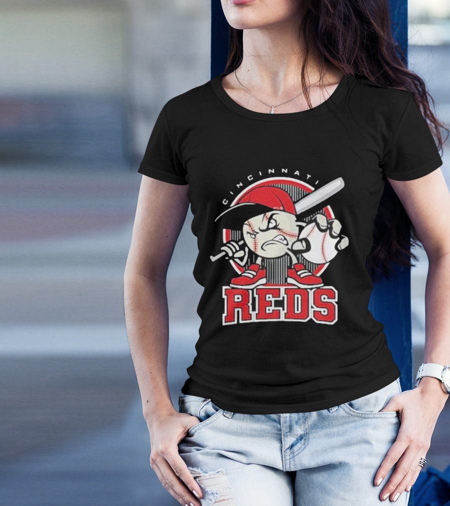 Cincinnati Reds Retro Baseball Character With Cap And Bat T-Shirt