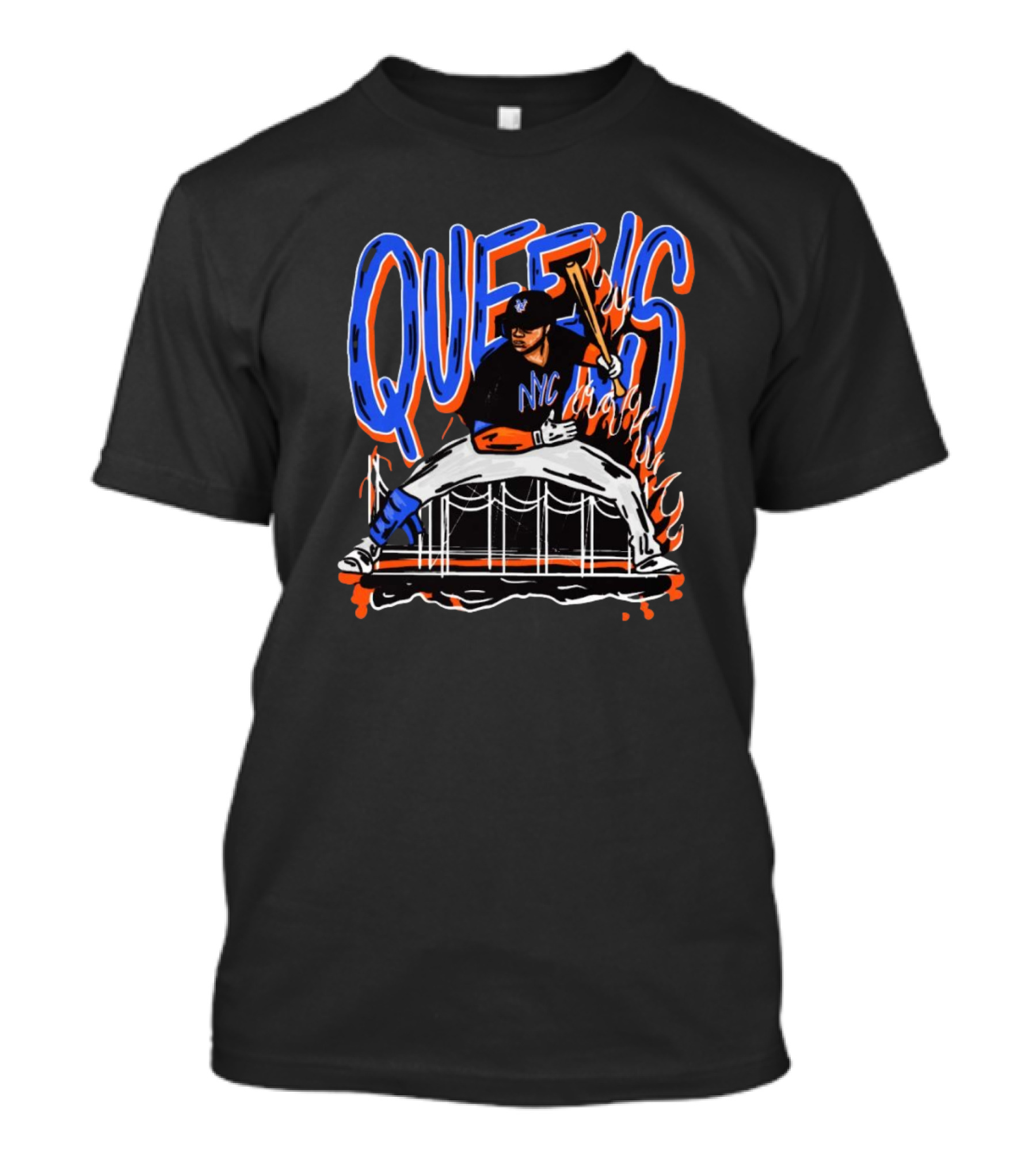 Queens NYC Mets Baseball Player Art With Bridge And Flames T-Shirt