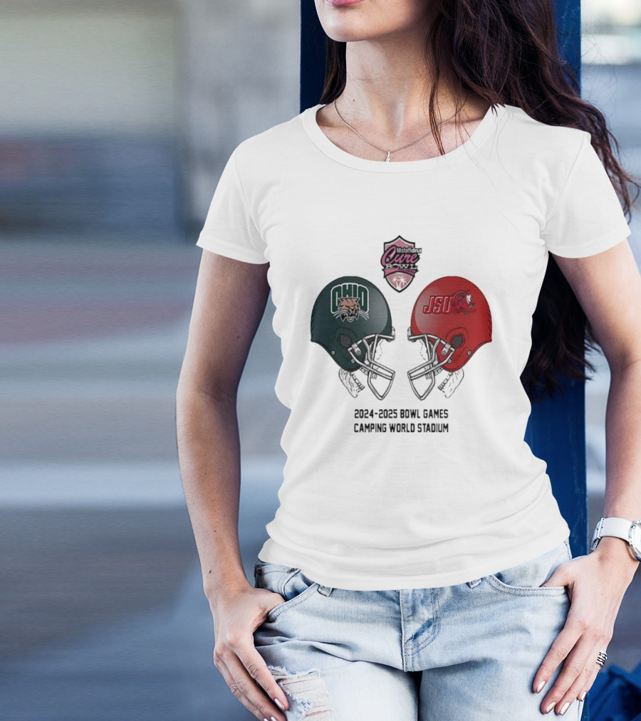 Weststand’s Cure Bowl 2024-2025 NCAA Bowl Games Ohio Bobcats Vs Jacksonville State Helmet Head To Head Camping World Stadium T-Shirt