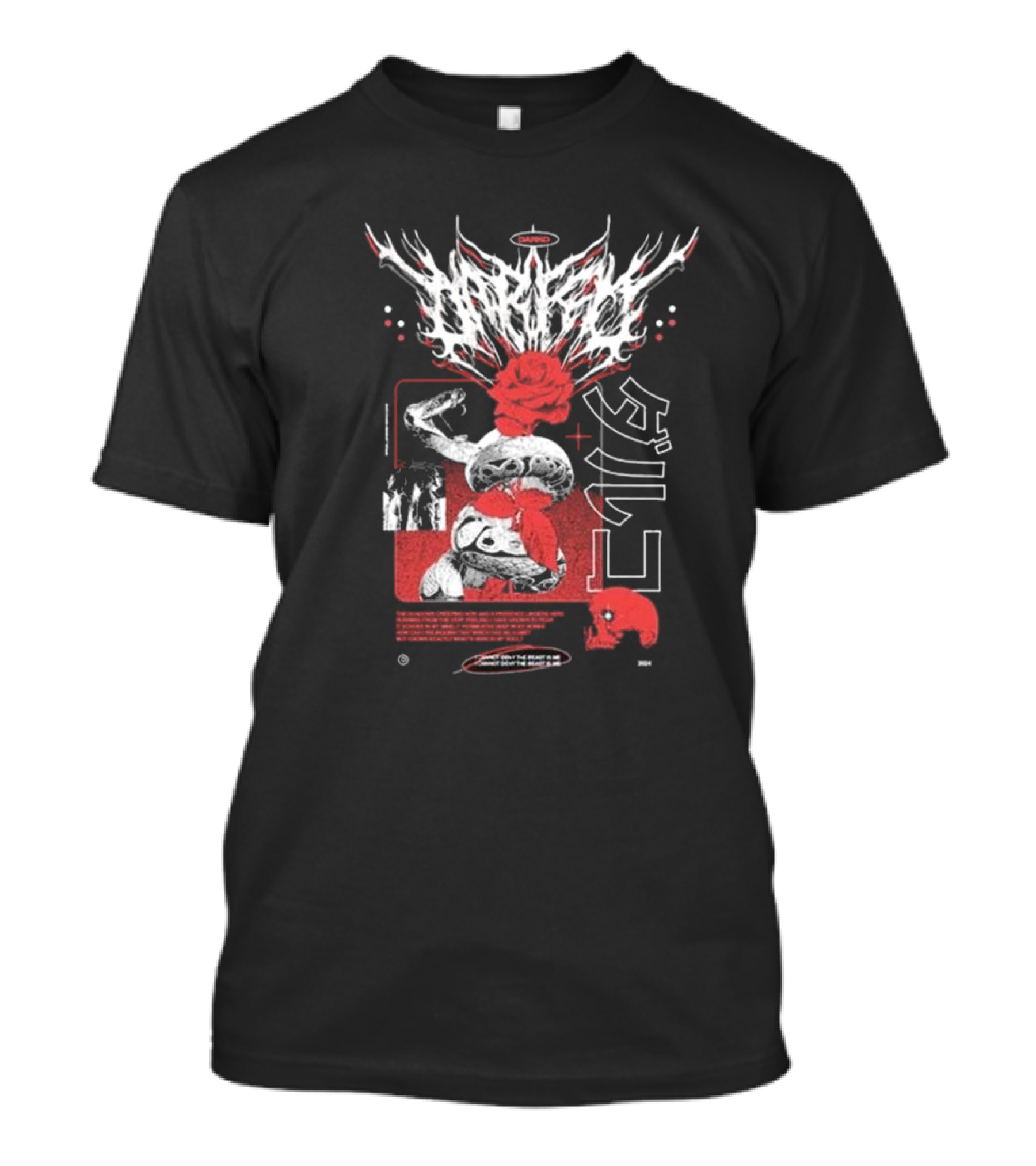 Darko Band Raffle 2024 Snake Skull Graphics With Japanese Text And Red Rose T-Shirt