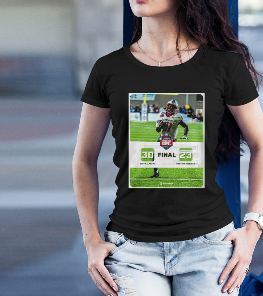 Final Score 30-23 South Alabama Jaguars Vs Western Michigan Broncos 2024 IS4S Salute To Veterans Bowl T-Shirt