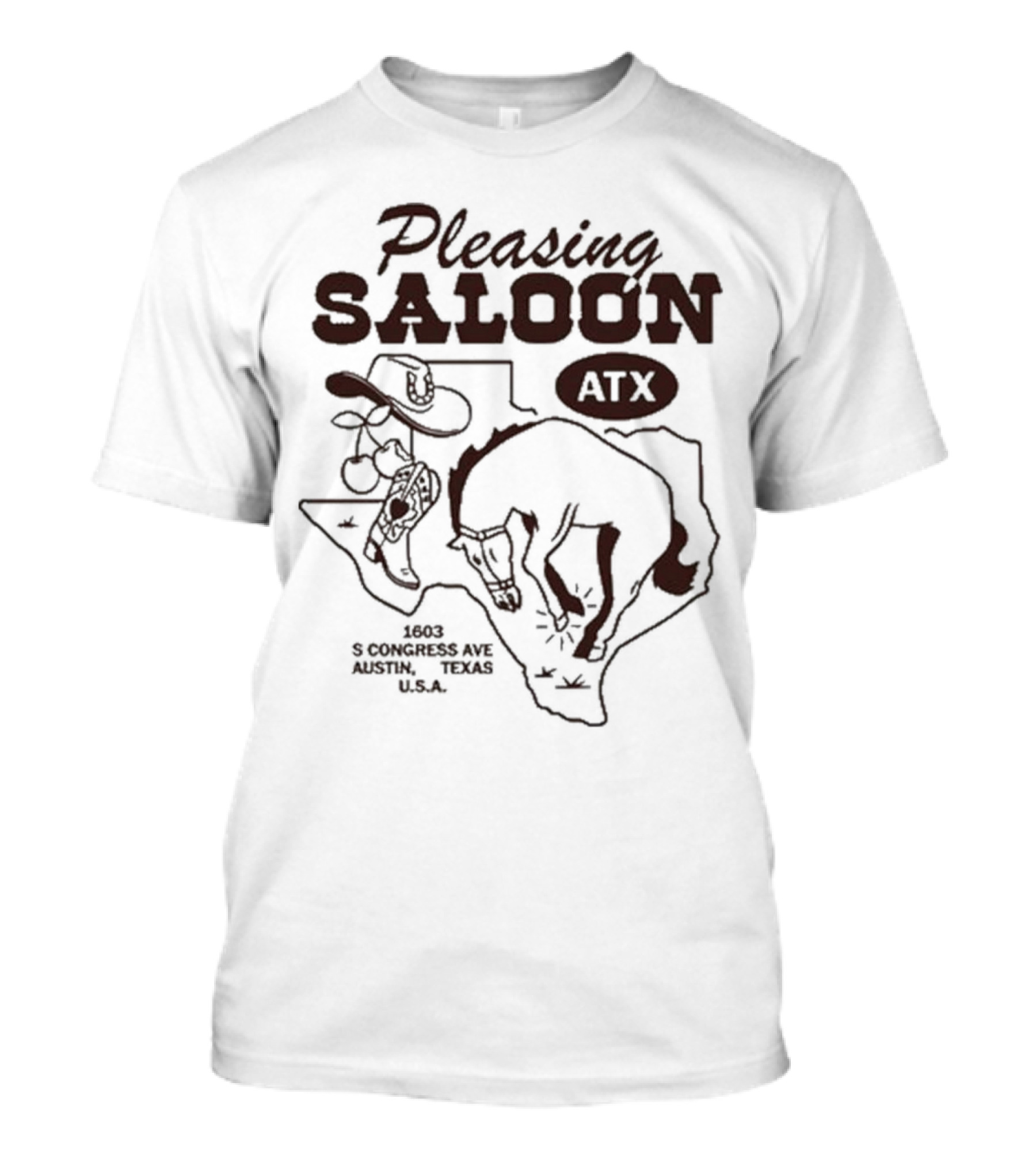 Pleasing Saloon ATX 1603 S Congress Ave Austin Texas USA Cowboy Horse Map T-Shirt